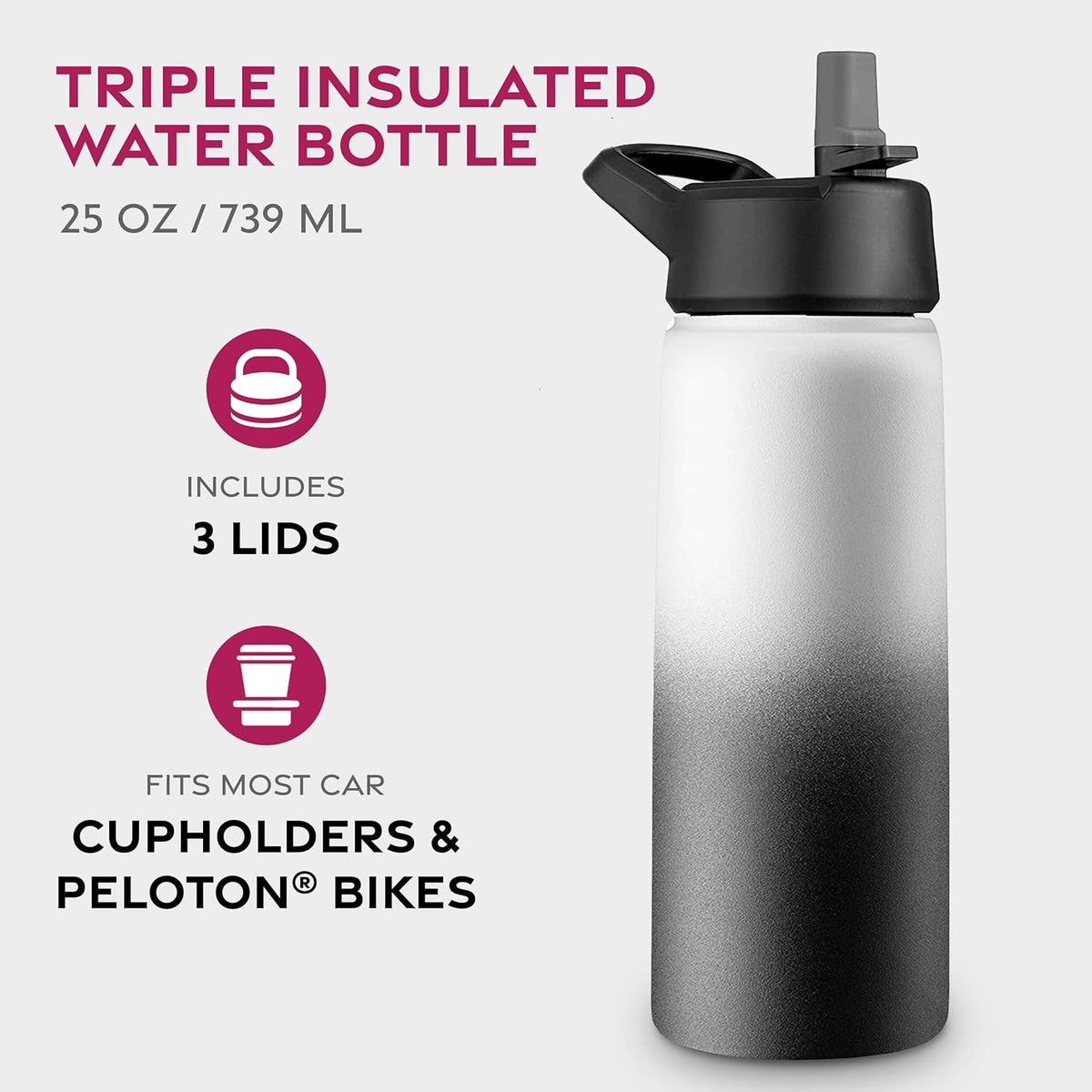 FineDine Water Bottle - Stainless Steel Insulated Water Bottle with Straw Lid, Flip Lid & Wide-Mouth Cap - Keeps Hot and Cold - 25 Oz / 739ml - Pure Pearly White - PuriLite