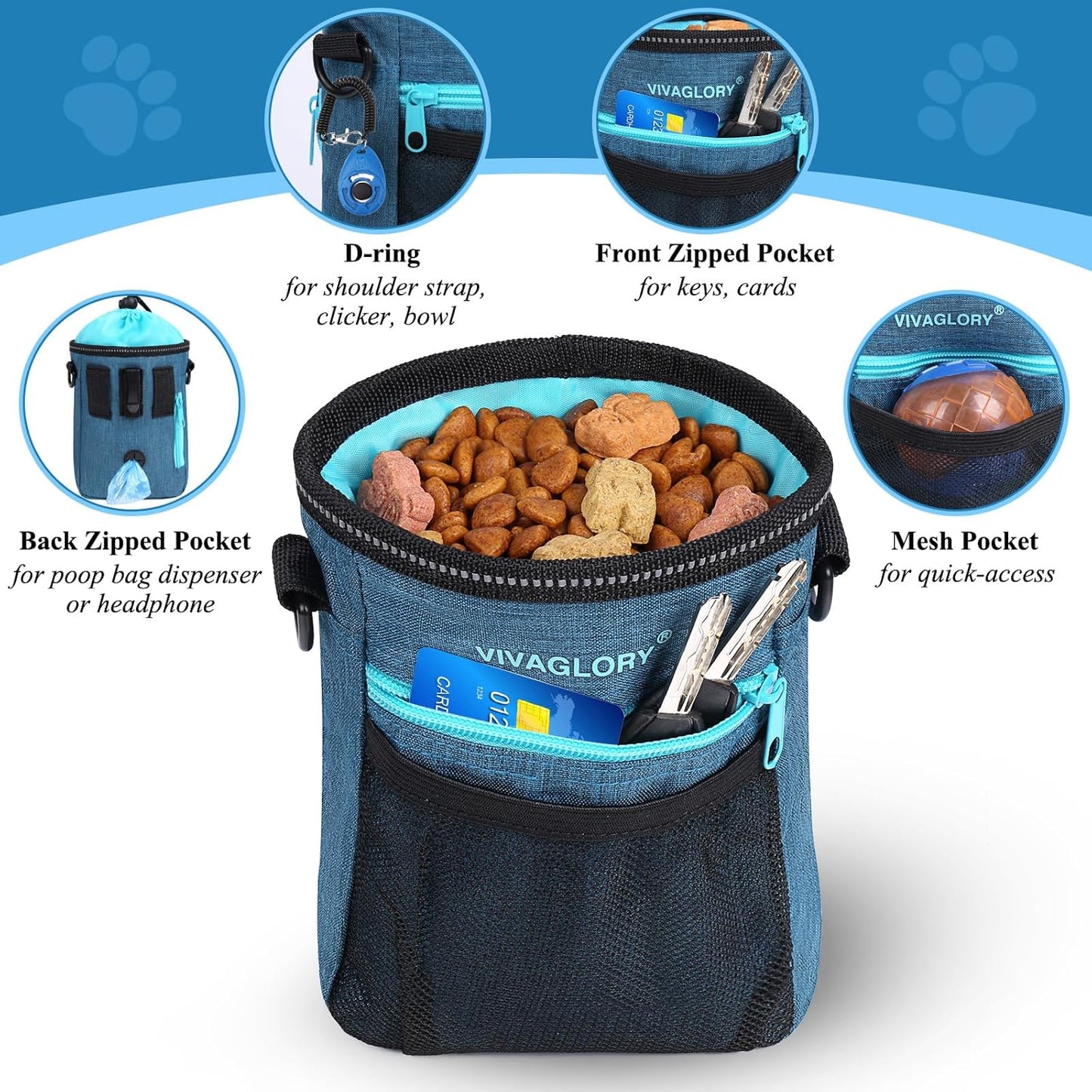 VIVAGLORY Dog Training Treat Pouch, 4Ways to Wear Dog Treat Bags, Built in Dog Waste Bag Dispenser Treats Training Bags with Reflective Adjustable Shoulder Strap, Heather Blue - PuriLite