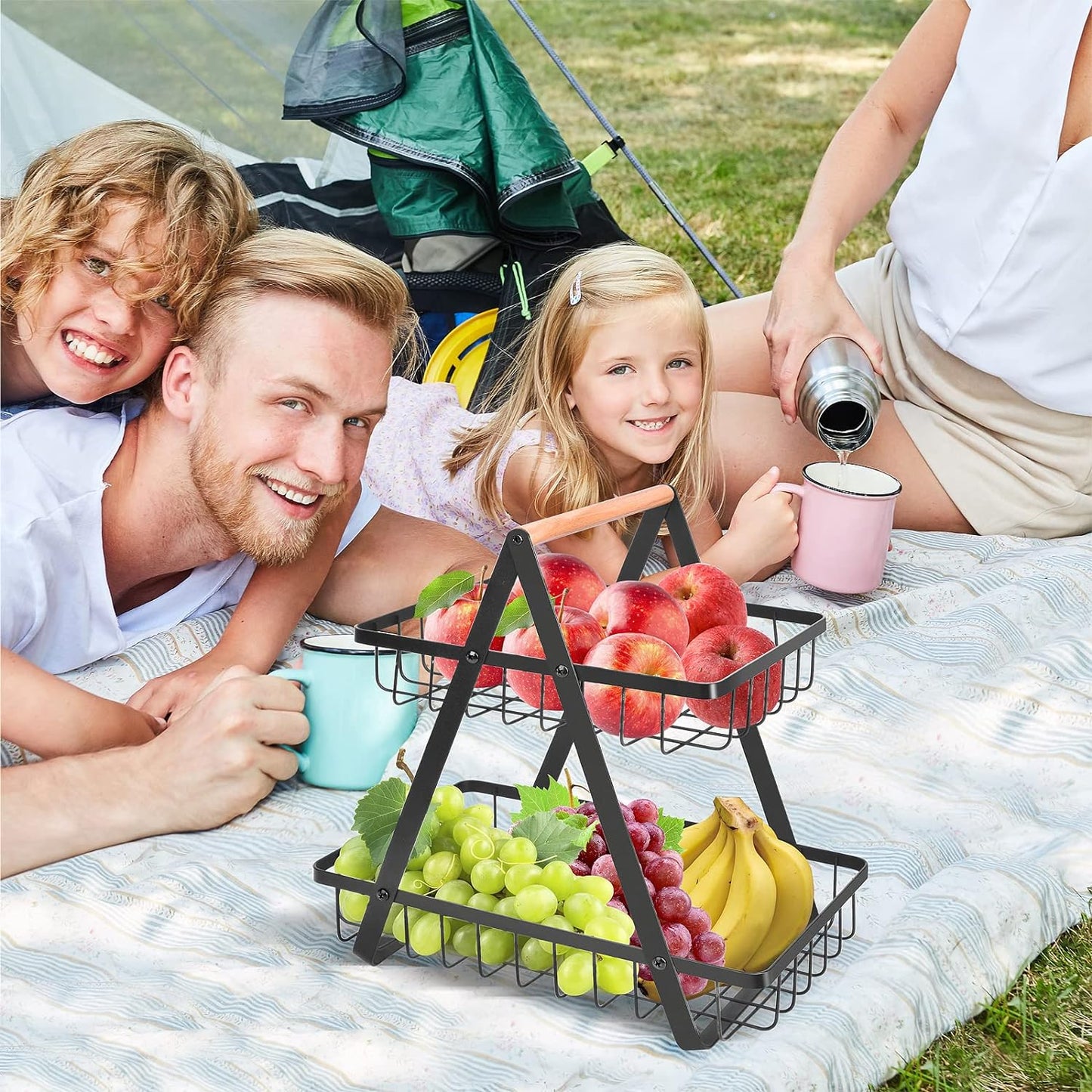 2 Tier Countertop Fruit Basket,Portable Fruit Bowle Basket for Kitchen Organizer Storage & Dining Room Fruits Vegetable Bread Snacks,MAHUEEOL Detachable Metal Rectangle Basket Storage - PuriLite