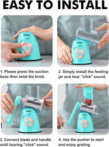 Geedel Kitchen Cheese Grater, Rotary Mandoline Vegetable Slicer with Interchangeable Blades, Easy to Use Rotary Grater Slicer for Fruit, Vegetables, Nuts - PuriLite