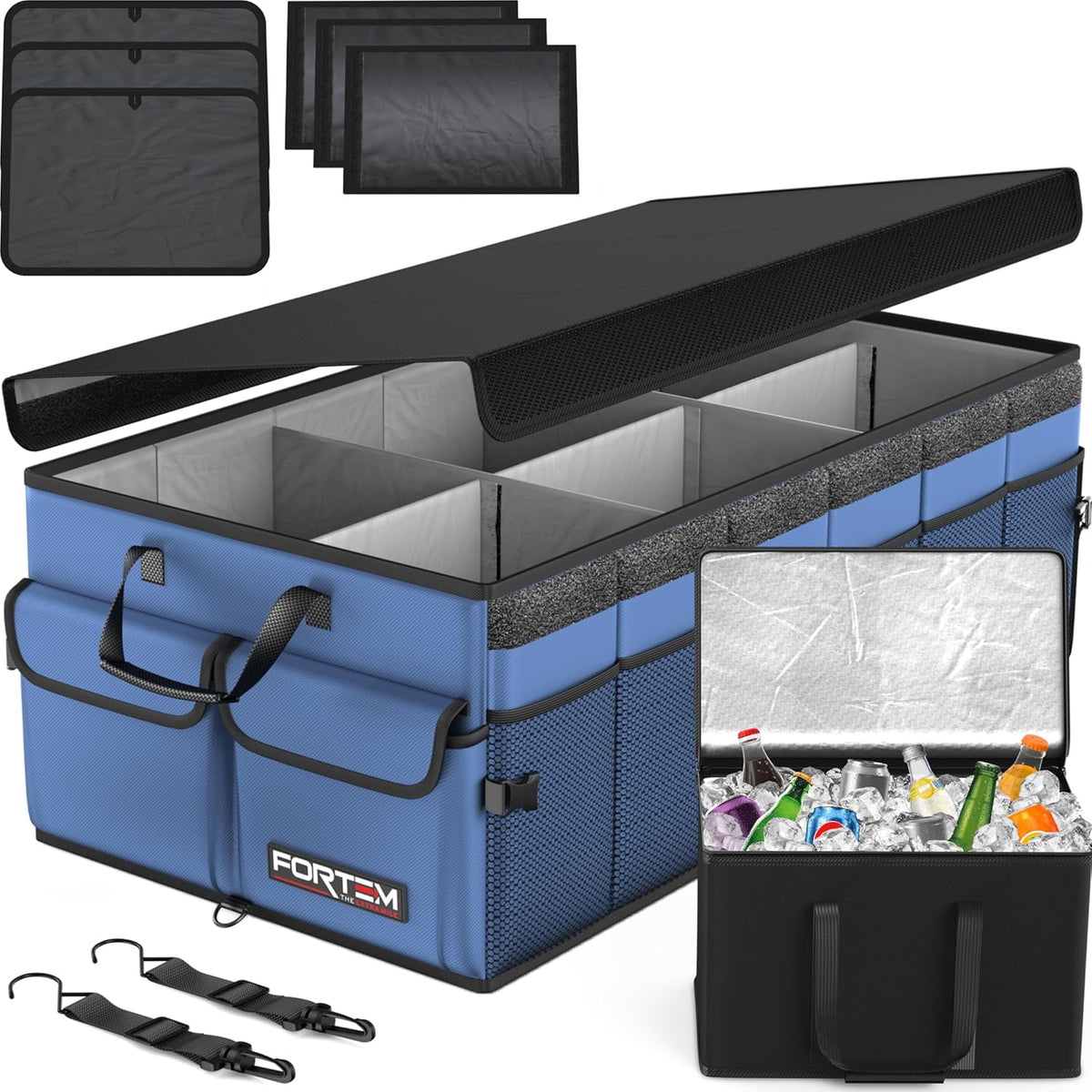FORTEM Car Trunk Organizer, Collapsible Multi Compartment Car Organizer, Foldable SUV Storage for Car Accessories for Women Men, Non Slip Bottom, Securing Straps, Soft Cover 50L (Black, Standard) - PuriLite
