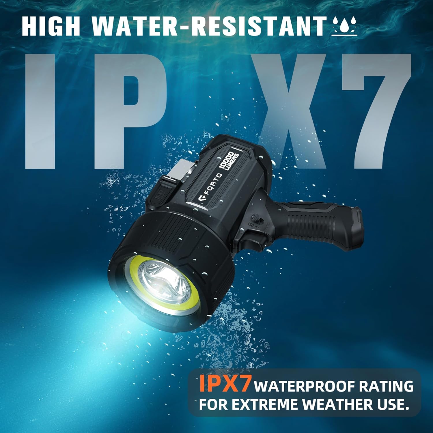 FORTO Rechargeable Spotlight 5000LM, IPX7 Waterproof Flashlight with 5200mAh Long-Lasting Battery, 7 Modes Handheld Light with EVA Case, for Boat, Hunting, Emergency, Outdoor Use - PuriLite