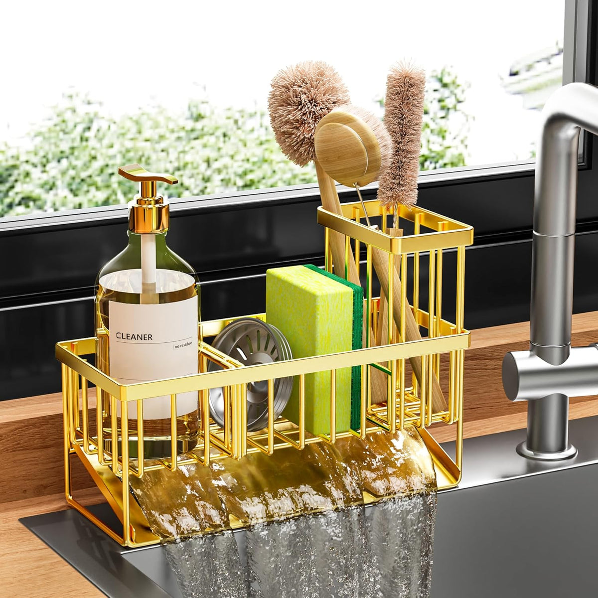Cisily Kitchen Sink Caddy Organzier with High Brush Holder, Sponge Holder for Sink, 304 Rustproof Stainless, Kitchen Countertop Soap Dispenser Organizer, Kitchen Decor and Accessories (Black) - PuriLite