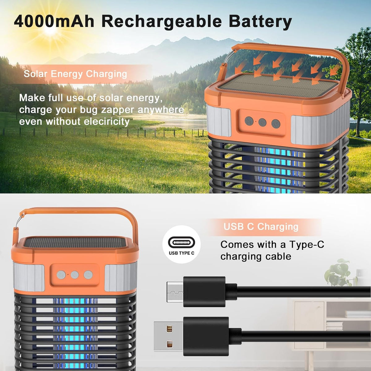 Mosquito Zapper, Solar Bug Zapper 4200V Cordless & Rechargeable Bug Zapper Outdoor with LED Light, Portable Waterproof Electric Fly Zapper with Hook, for Patio Camping Backyard Garden - PuriLite