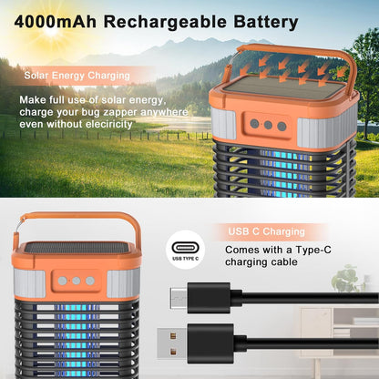 Mosquito Zapper, Solar Bug Zapper 4200V Cordless & Rechargeable Bug Zapper Outdoor with LED Light, Portable Waterproof Electric Fly Zapper with Hook, for Patio Camping Backyard Garden - PuriLite