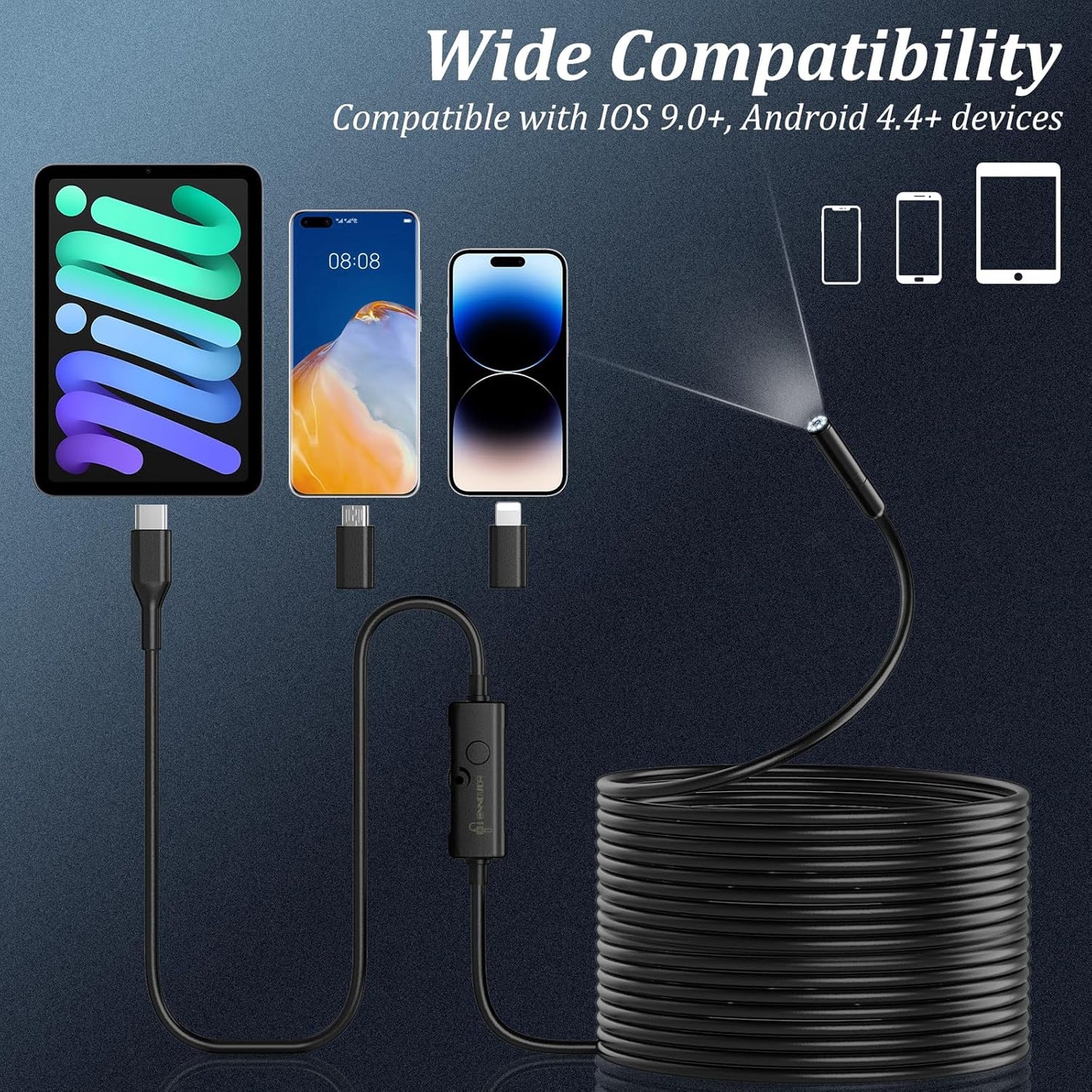 Endoscope Camera with Light, Ennovor 1920P HD, Endoscope Inspection with 8 Adjustable LED Lights, Borescope with Flexible Rigid Snake Camera, IP67 Waterproof and No WiFi Required, for Android iOS - PuriLite