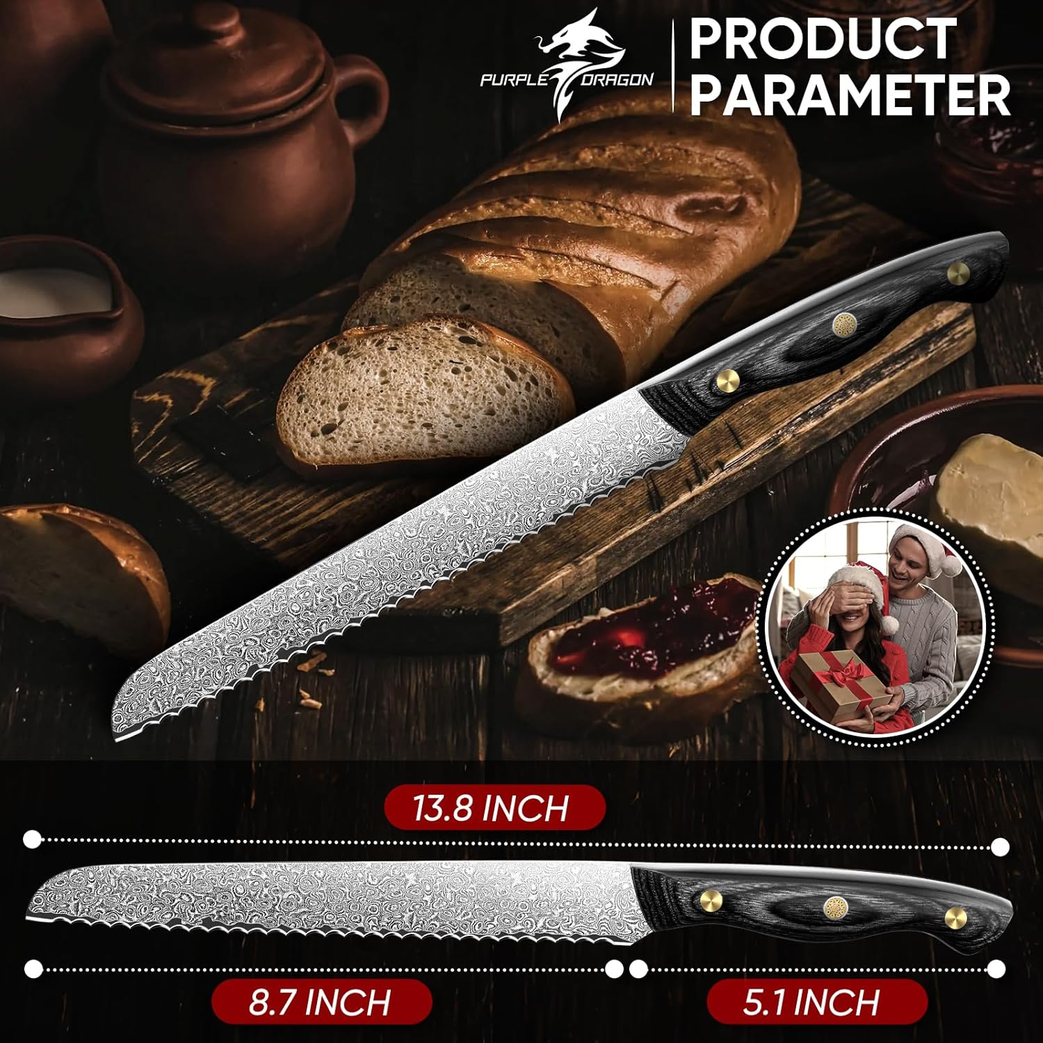 Purple Dragon Damascus Fish Fillet Knife - 7 inch Flexible Boning Knife with VG10 Core, Kitchen Slicing Knife with Full Tang Handle, Birthday Dad Mom Gift - PuriLite