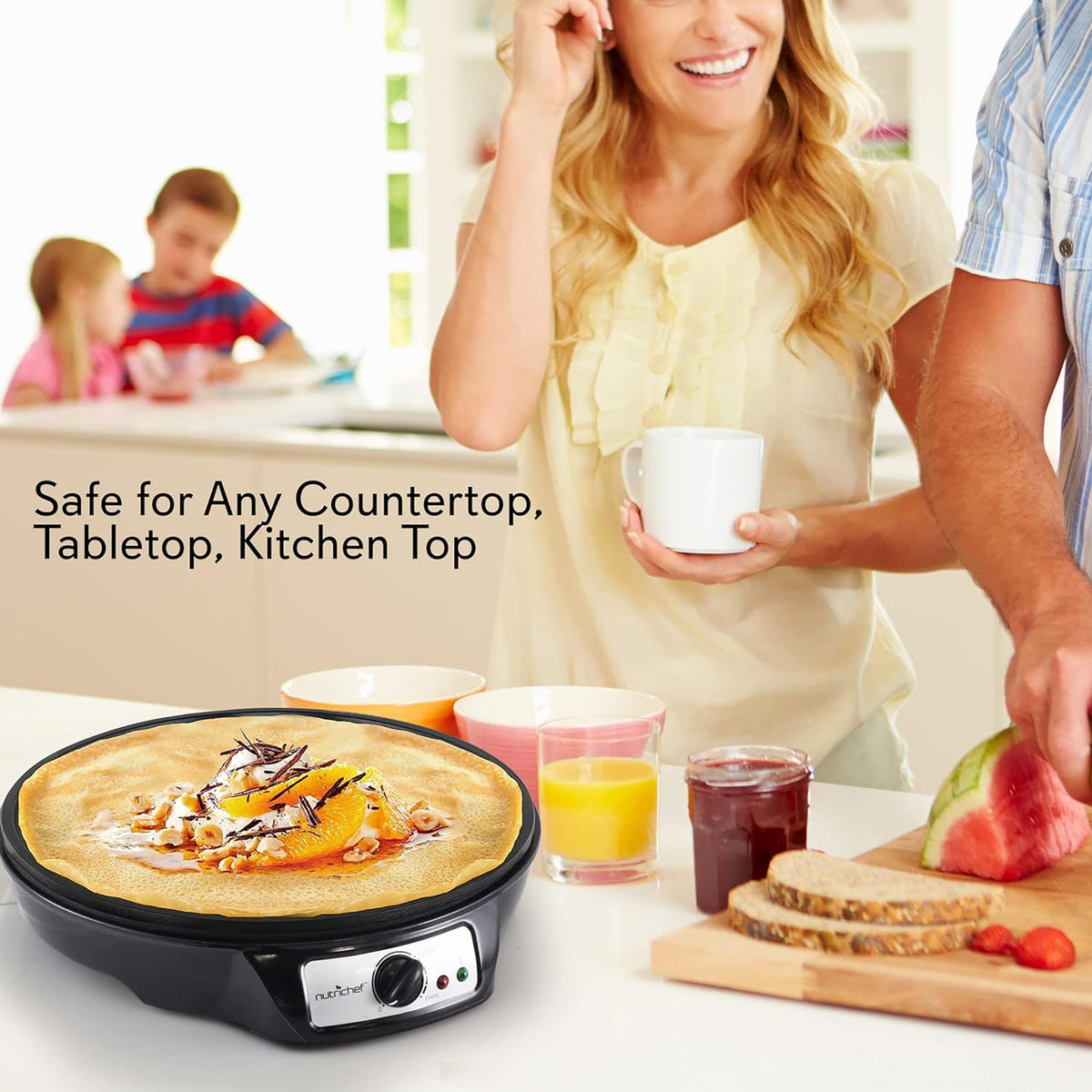 NutriChef Electric Crepe Maker, Cooks Roti, Tortillas, Pancakes, Nonstick Cooktop, 8-inch Cook Area On/Off Switch, Automatic Temperature Control & Cool Touch Handle, Includes Food Bowl, Whisk, Spatula - PuriLite