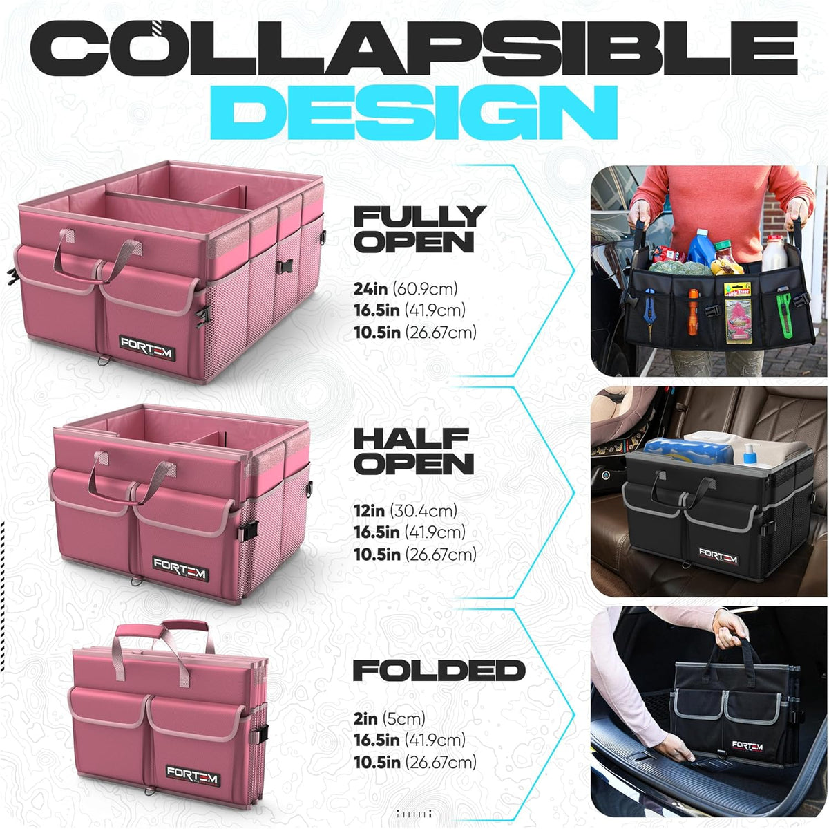 FORTEM Car Trunk Organizer, Collapsible Multi Compartment Car Organizer, Foldable SUV Storage for Car Accessories for Women Men, Non Slip Bottom, Securing Straps, Soft Cover 50L (Black, Standard) - PuriLite
