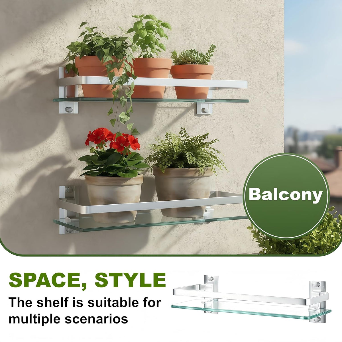 Bathroom Glass Shelf 15.7" Silver Wall-Mounted, Floating Metal Storage Rack | 3 Pack Aluminum Tempered Glass 0.3in Extra Thick Rectangular，Space-Saving Design