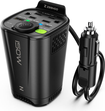150W Car Power Inverter, 12V DC to 110V AC Car Plug Adapter Outlet Converter, with 2 AC Outlets, A 18W USB A and Dual 30W PD Car Charger, for Laptop Computer - Black - PuriLite