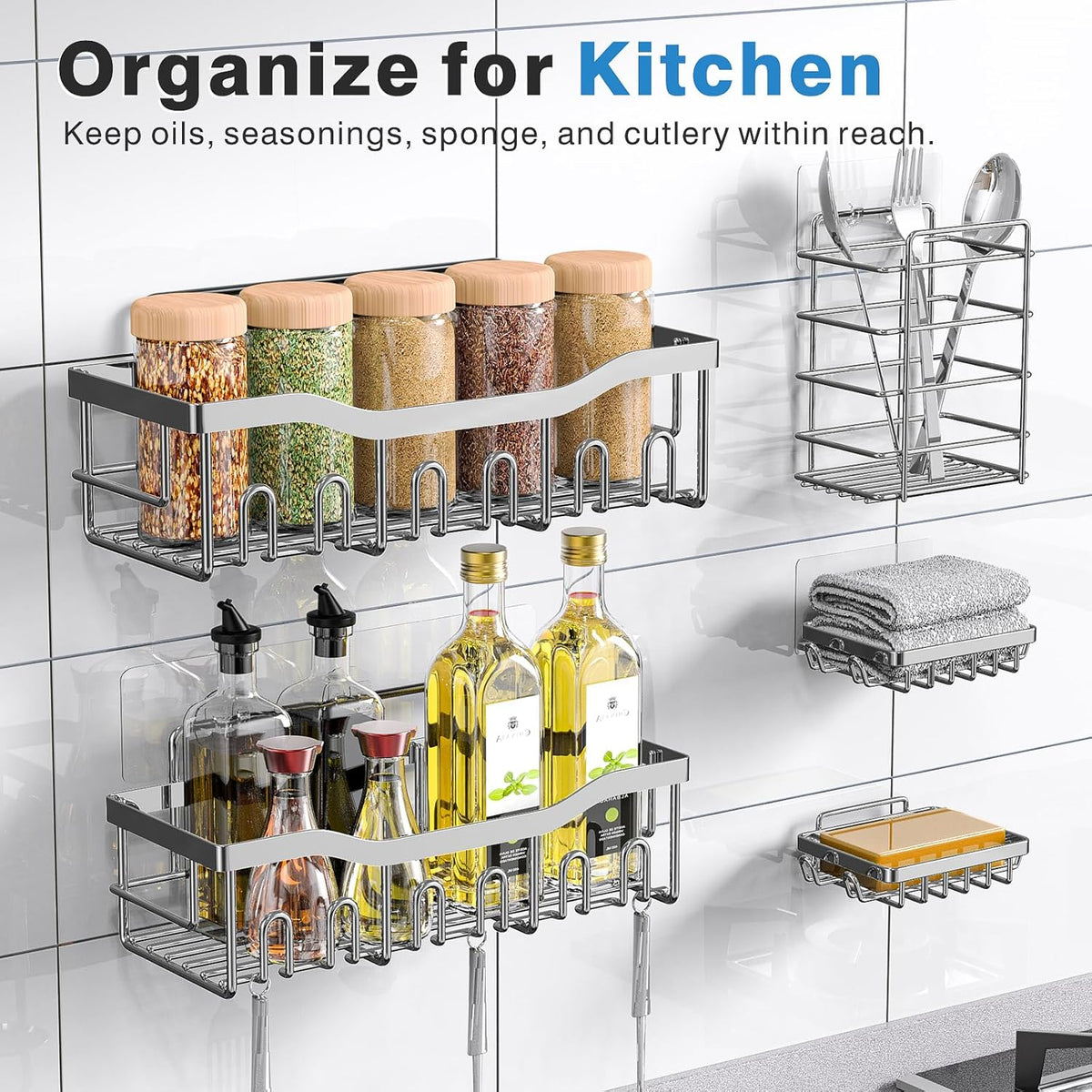 EUDELE 5-Pack Rustproof Stainless Steel Shower Caddy – No Drill Adhesive Bathroom Organizer with Large Capacity, Spacious Shower Shelves for Inside Shower, Kitchen & Home Decor Storage - PuriLite