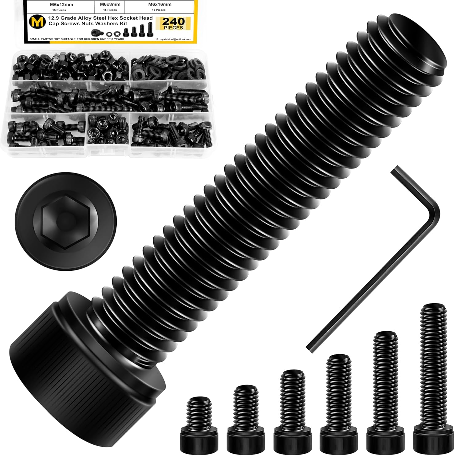 Mywish 900Pcs Metric Screw Assortment, M3 M4 M5 M6 Screw Assortment Kit 304 Stainless Steel Hex Socket Button Head Socket Cap Metric Screws Bolts & Flat Washers/Nuts/Hex Wrenches 16 Sizes 8MM to 20MM - PuriLite