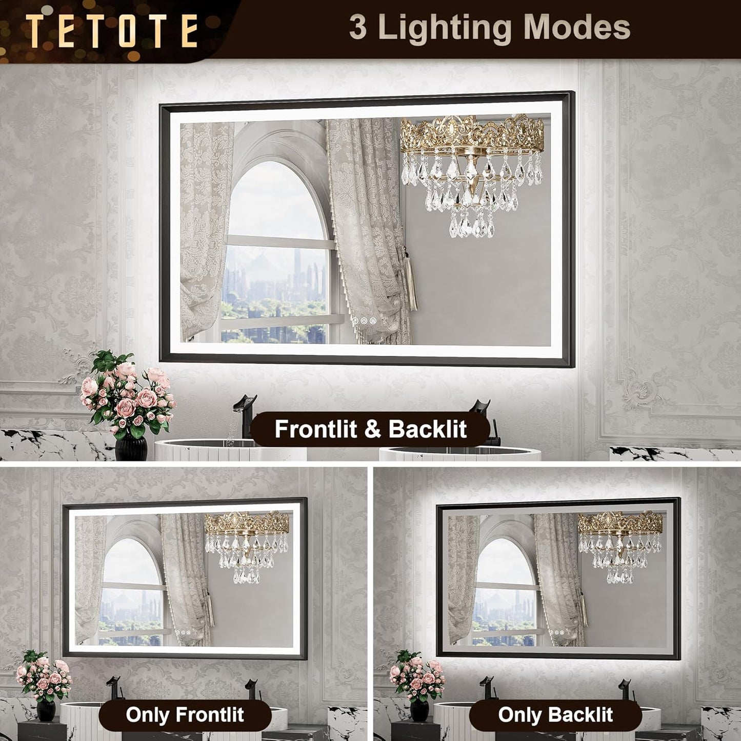 TETOTE 28x36 LED Mirror for Bathroom Black Metal Frame Frontlit & Backlit Lighted Vanity Mirror Baroque Gothic Anti Fog Stepless Dimmable White/Warm/Natural,Wall Mounted(Horizontal/Vertical) - PuriLite