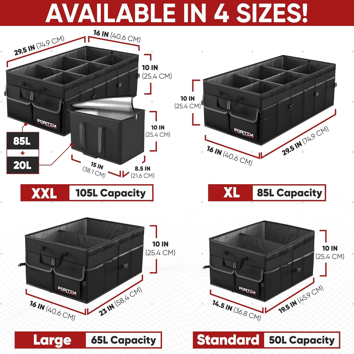 FORTEM Car Trunk Organizer, Collapsible Multi Compartment Car Organizer, Foldable SUV Storage for Car Accessories for Women Men, Non Slip Bottom, Securing Straps, Soft Cover 50L (Black, Standard) - PuriLite