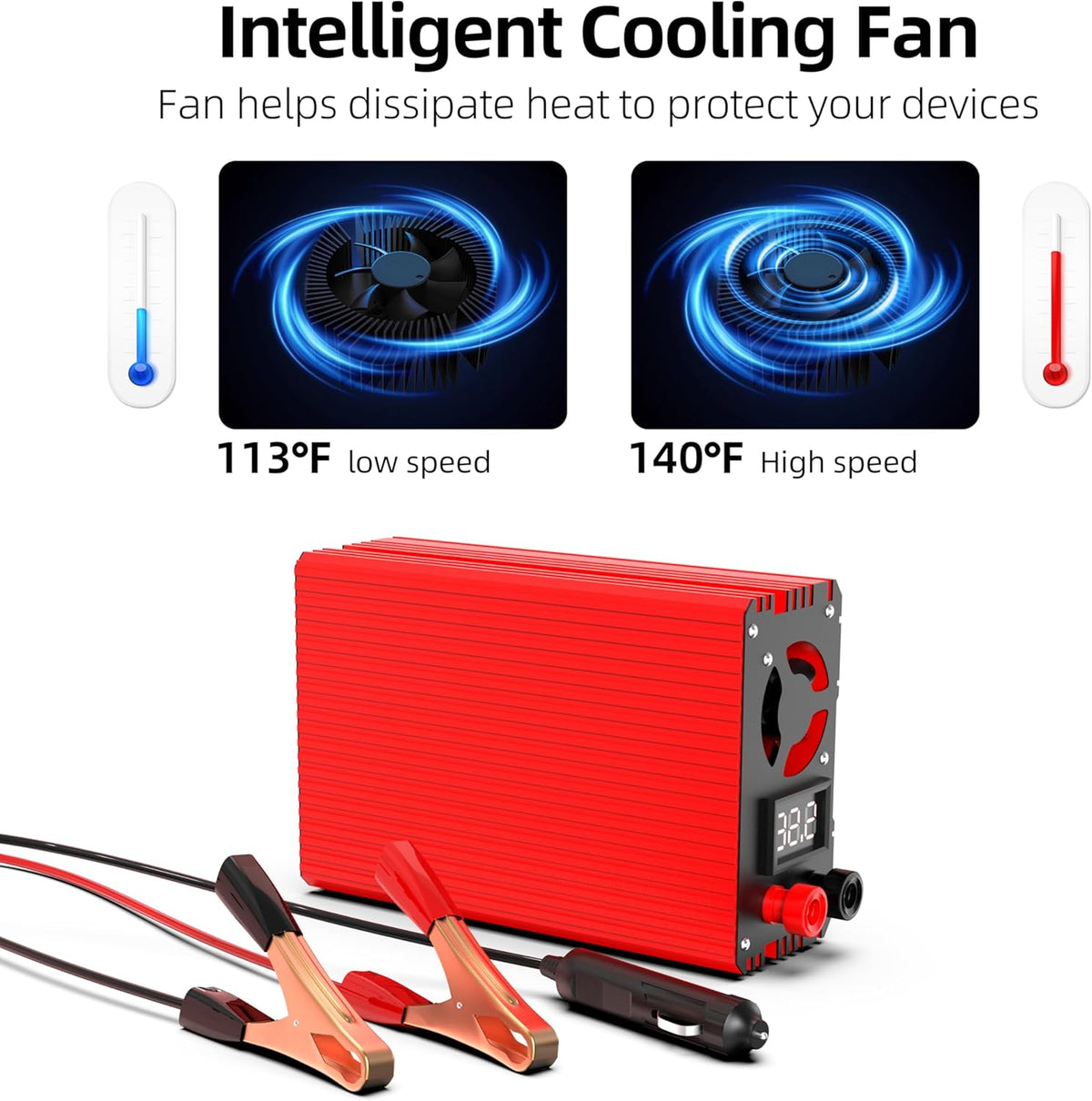 SUNWHEEL 500W Power Inverter DC 12V to 110V AC Car Inverter with 2 x 3.1A USB Ports and Dual AC Outlet, Equipped with 1 Cigarette Lighter and 2 Battery Clamps for Road Trip and Camping - PuriLite