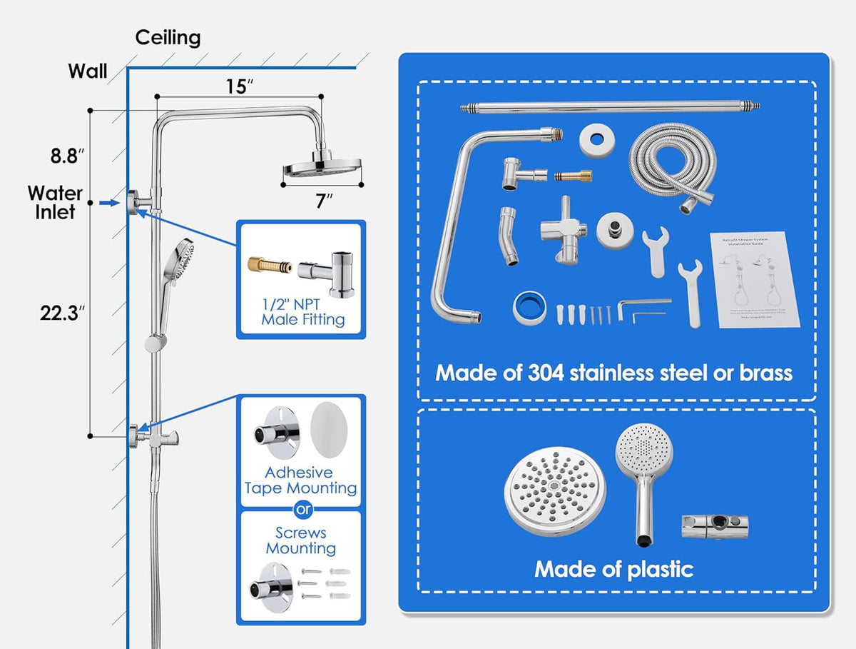 ROVOGO Retrofit Shower System with 7" RainShower, 5-Setting Handheld, 22" Slide Bar with 3-Way Rotary Diverter, Exposed Pipe Shower Column Kit 304 Stainless Steel, Chrome (NOT Include Mixer Valve) - PuriLite