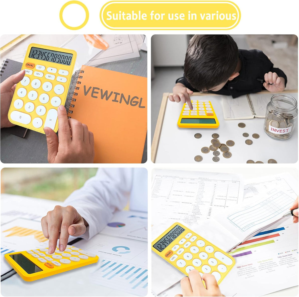 VEWINGL Mechanical Switch Calculator, 12 Digit Large LCD Display and Buttons, Great for Everyday Life and Basic Office Work, with Battery - PuriLite