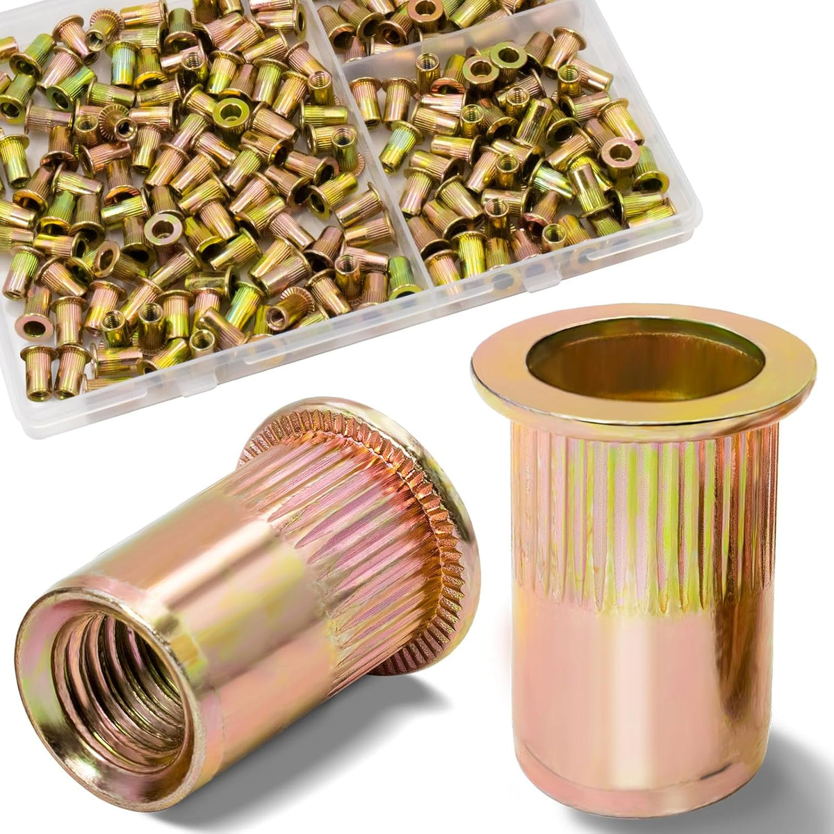 Vifmy Metric & SAE Rivet Nut Assortment Kit(420 Pcs),m3 m4 m5 m6 m8 m10 m12#6-32#8-32#10-24 1/4"-20 5/16"-18 3/8"-16 UNC Flat Head Rivnut Set,Zinc Plated Finish Carbon Steel Nutsert - PuriLite