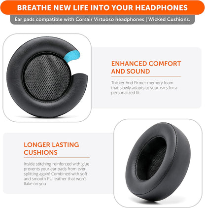 WC Upgraded Replacement Earpads for Corsair Virtuoso RGB Wireless Gaming Headset Made by Wicked Cushions | Improved Durability, Thickness, Softer Leather, and Sound Isolation | (90s Black) - PuriLite