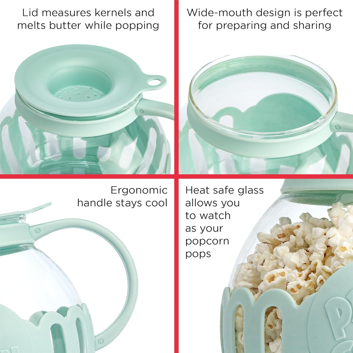 Ecolution Patented Micro-Pop Microwave Popcorn Popper with Temperature Safe Glass, 3-in-1 Lid Measures Kernels and Melts Butter, Made Without BPA, Dishwasher Safe, 3-Quart, Aqua - PuriLite