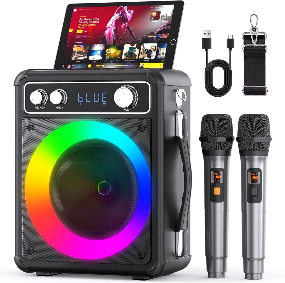 Karaoke Machine, Portable Bluetooth Speaker with 2 Wireless Microphones, PA System for Adults Kids with LED Lights, Supports REC/FM/AUX/USB/TF for Home Party - PuriLite