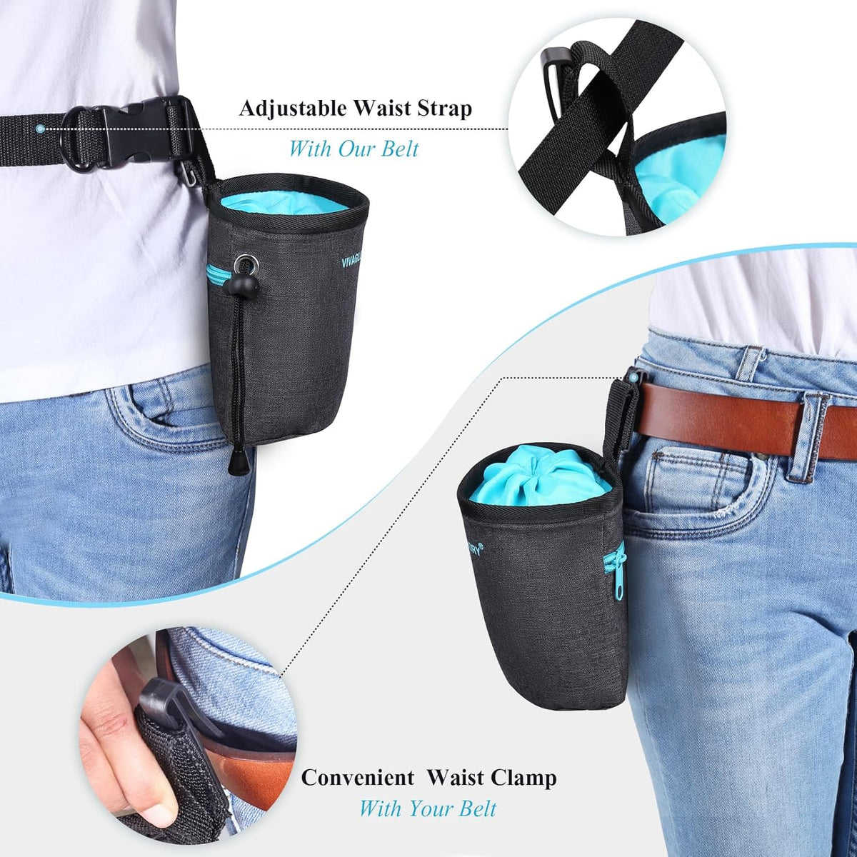 VIVAGLORY Dog Treat Bags, Puppy Pet Dog Training Treats Pouch Hands-Free 2 Ways to Wear with Adjustable Waistband and Built-in Dog Waste Bag Dispenser, Grey - PuriLite