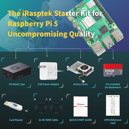 iRasptek Starter Kit for Raspberry Pi 5 RAM 16GB - 256GB Edition of OS-Bookworm Pre-Installed (Aluminum Case) - PuriLite