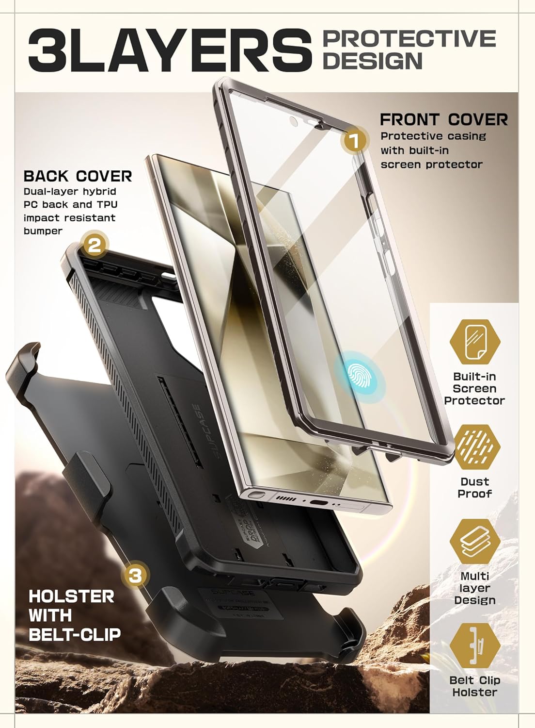 SUPCASE Unicorn Beetle Pro Case for Samsung Galaxy S23 Ultra 5G (2023), [Extra Front Frame] Full-Body Dual Layer Rugged Belt-Clip & Kickstand Case with Built-in Screen Protector (Black) - PuriLite