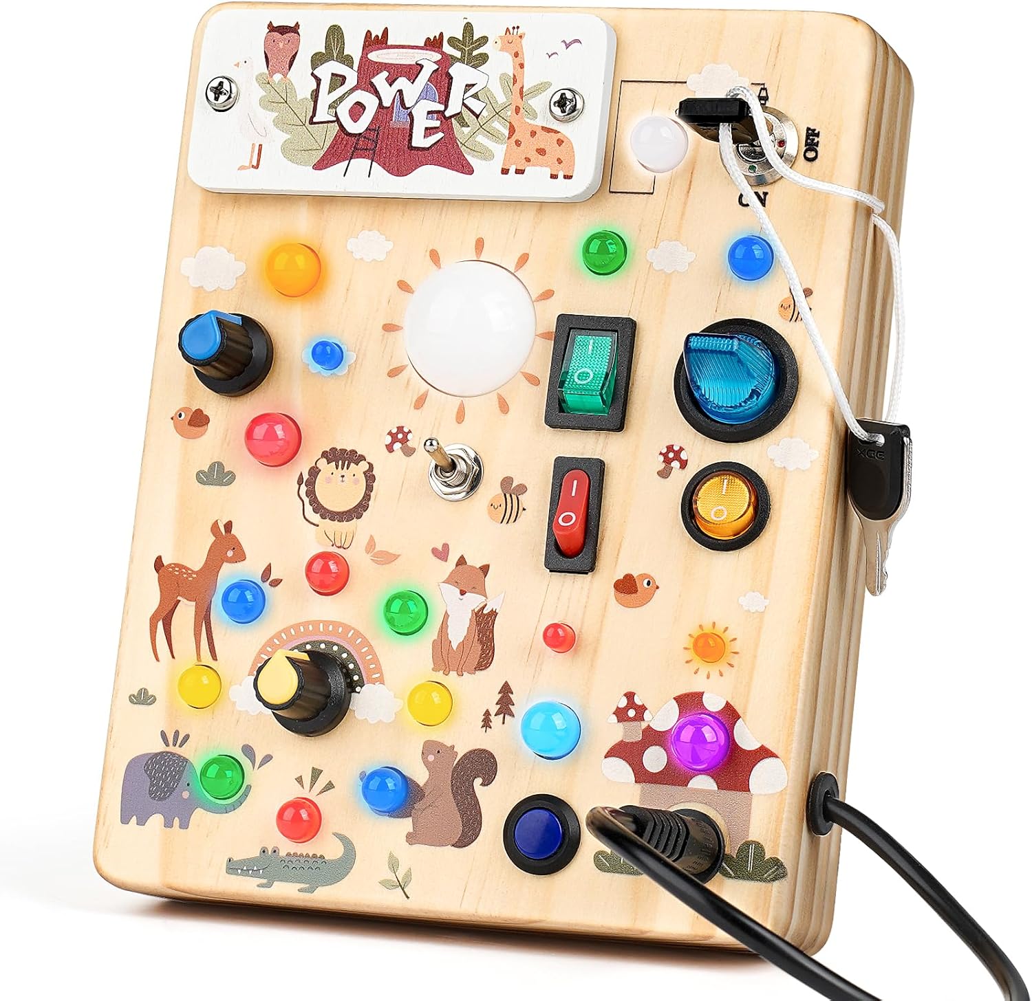 Joyreal Montessori Busy Board Wooden Sensory Toys for Toddler with LED Light Up Switch, Baby Fidget Board Travel Toys for 18+ Months, Boys Girls Birthday - PuriLite