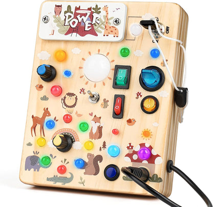 Joyreal Montessori Busy Board Wooden Sensory Toys for Toddler with LED Light Up Switch, Baby Fidget Board Travel Toys for 18+ Months, Boys Girls Birthday - PuriLite