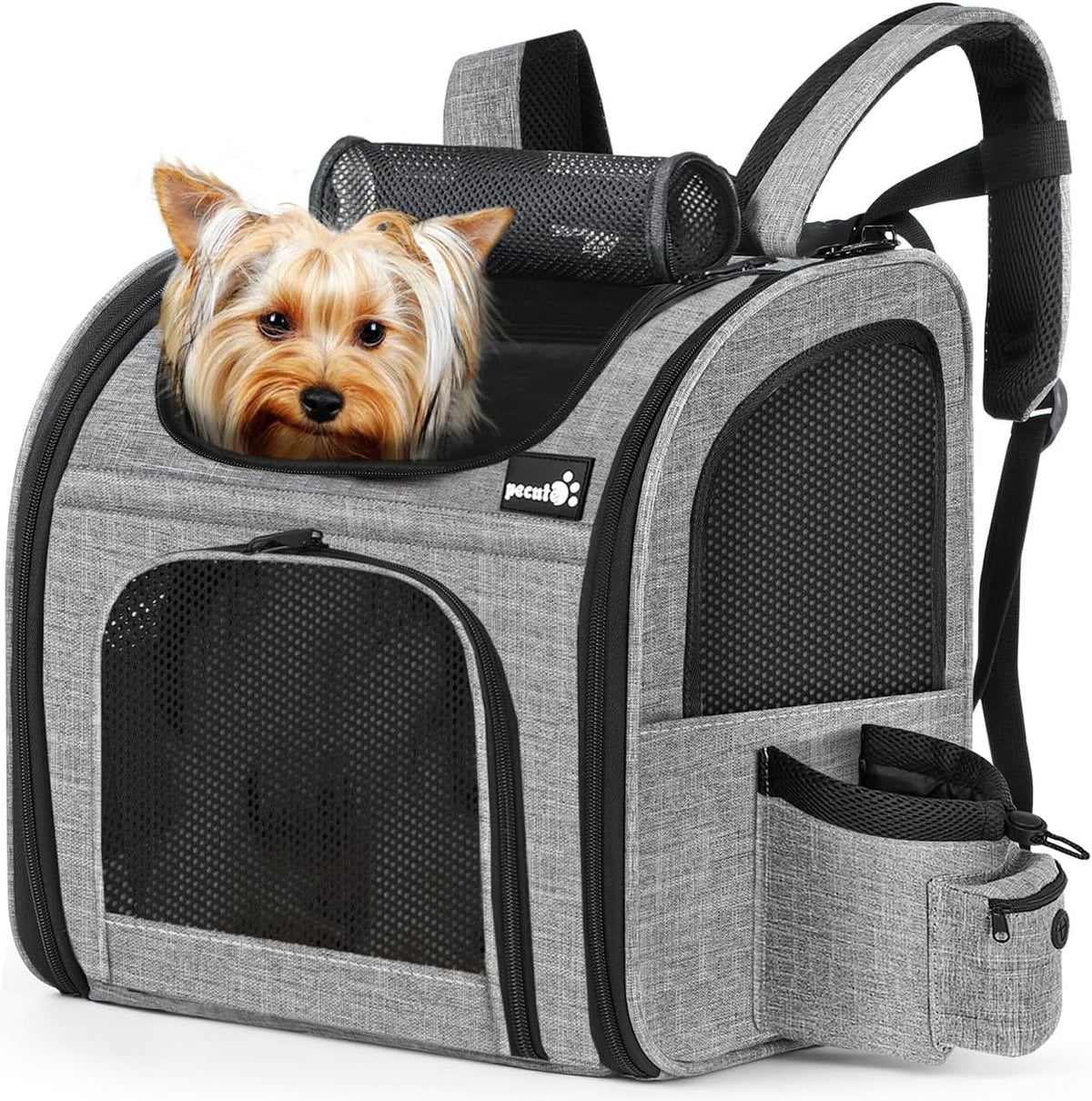 Pecute Cat Backpack with Breathable Mesh, Dog Backpack Carrier with Multi-Pockets for Cats Puppies, Pet Backpack Carrier for Travel Hiking Camping Outdoor （Gray） - PuriLite
