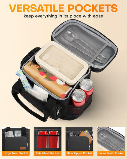 HOTOR Lunch Box for Men and Women - Leak-Proof Insulated Lunch Bag with Adjustable Shoulder Strap, Cooler Lunch Bag for Office, Picnic, Hiking, Beach, 1 Layer, Black, 11.0" x 7.1" x 8.3" - PuriLite