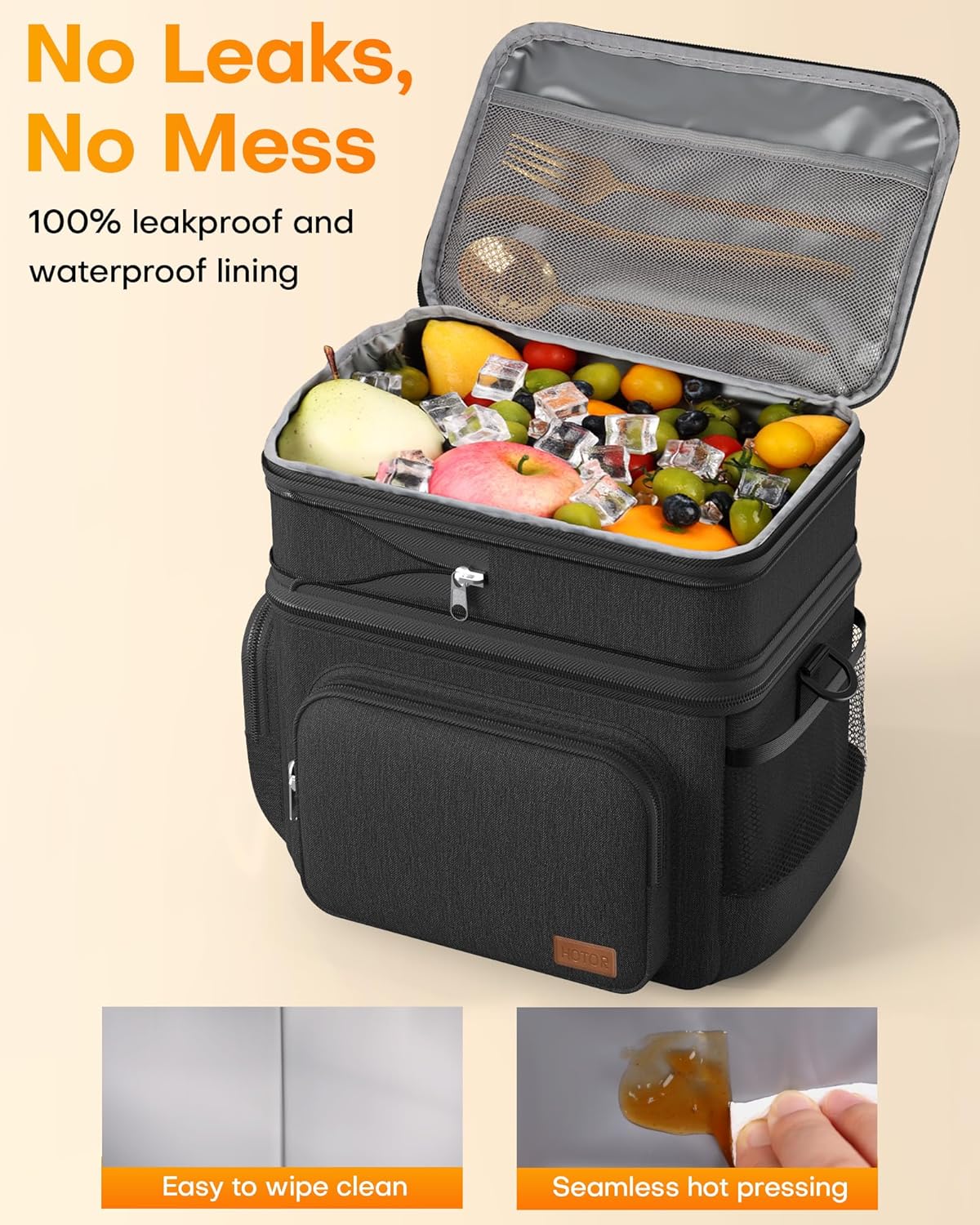 HOTOR Lunch Box for Men and Women - Leak-Proof Insulated Lunch Bag with Adjustable Shoulder Strap, Cooler Lunch Bag for Office, Picnic, Hiking, Beach, 1 Layer, Black, 11.0" x 7.1" x 8.3" - PuriLite
