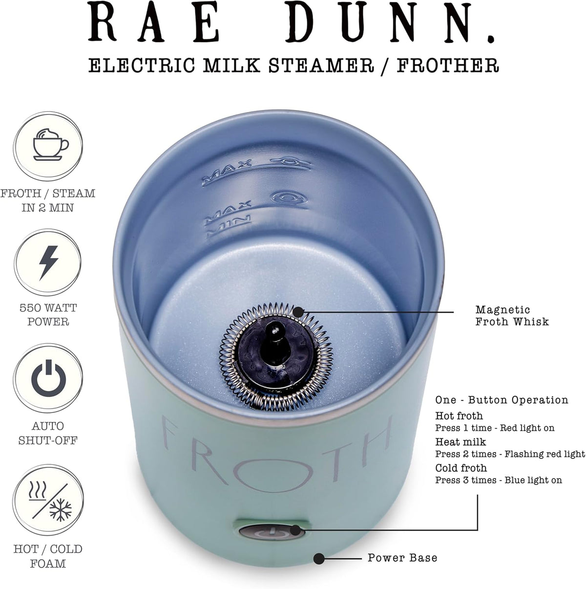 Rae Dunn - Electric Milk Frother - Elegant Automatic Milk Steamer and Frother, Milk Warmer, Hot and Cold Frothing Machine for Coffee, Latte, Cappuccino, Macchiato, - PuriLite