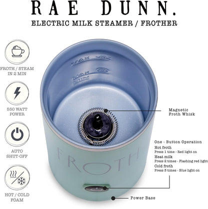 Rae Dunn - Electric Milk Frother - Elegant Automatic Milk Steamer and Frother, Milk Warmer, Hot and Cold Frothing Machine for Coffee, Latte, Cappuccino, Macchiato, - PuriLite
