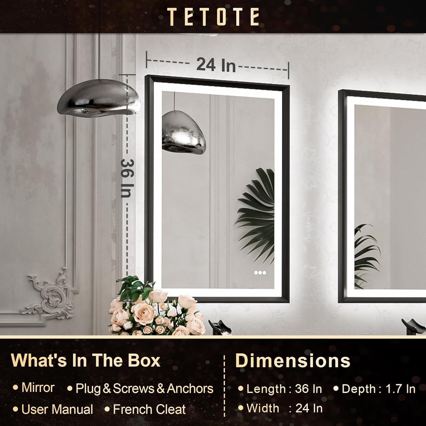 TETOTE 28x36 LED Mirror for Bathroom Black Metal Frame Frontlit & Backlit Lighted Vanity Mirror Baroque Gothic Anti Fog Stepless Dimmable White/Warm/Natural,Wall Mounted(Horizontal/Vertical) - PuriLite
