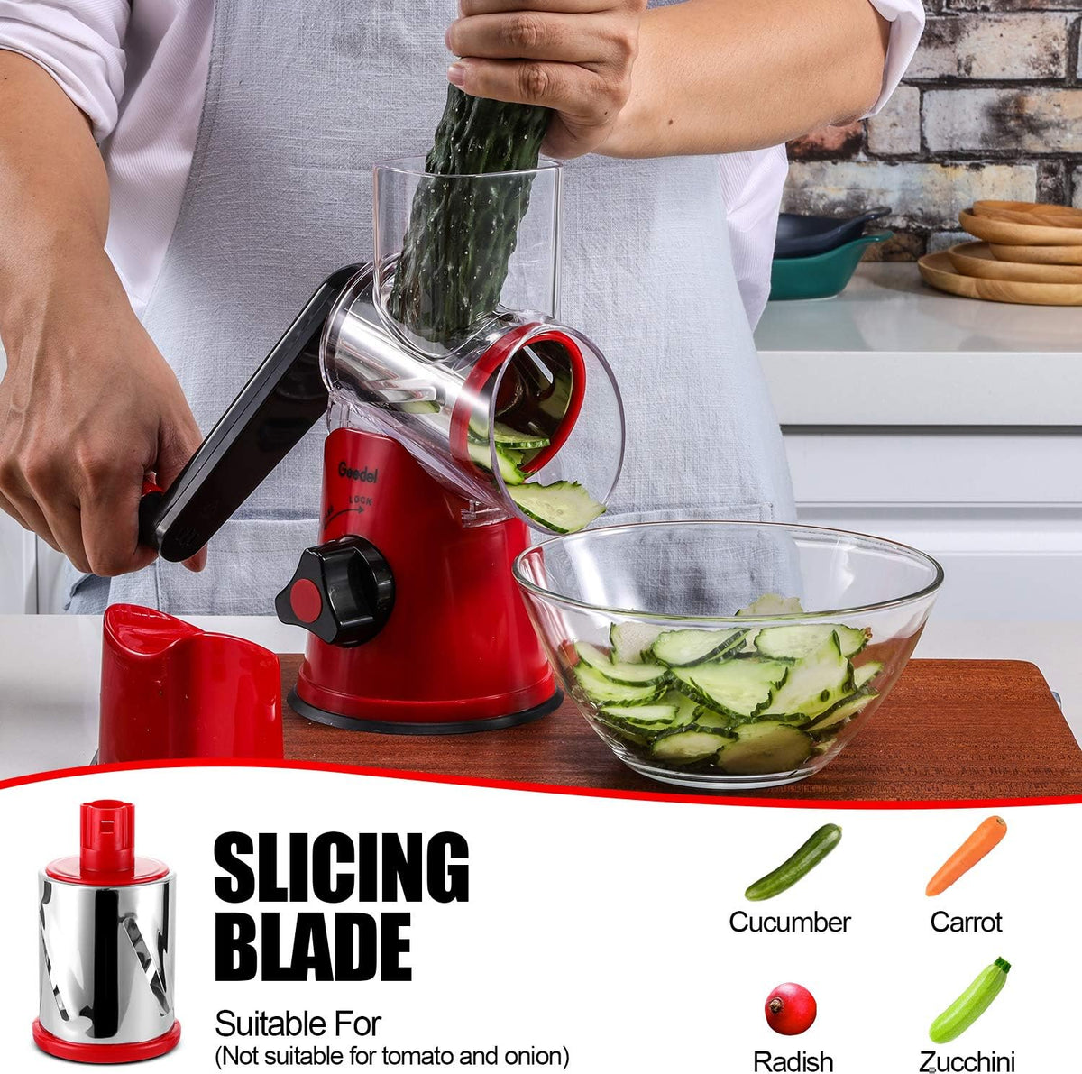 Geedel Kitchen Cheese Grater, Rotary Mandoline Vegetable Slicer with Interchangeable Blades, Easy to Use Rotary Grater Slicer for Fruit, Vegetables, Nuts - PuriLite