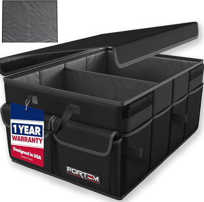 FORTEM Car Trunk Organizer, Collapsible Multi Compartment Car Organizer, Foldable SUV Storage for Car Accessories for Women Men, Non Slip Bottom, Securing Straps, Soft Cover 50L (Black, Standard) - PuriLite