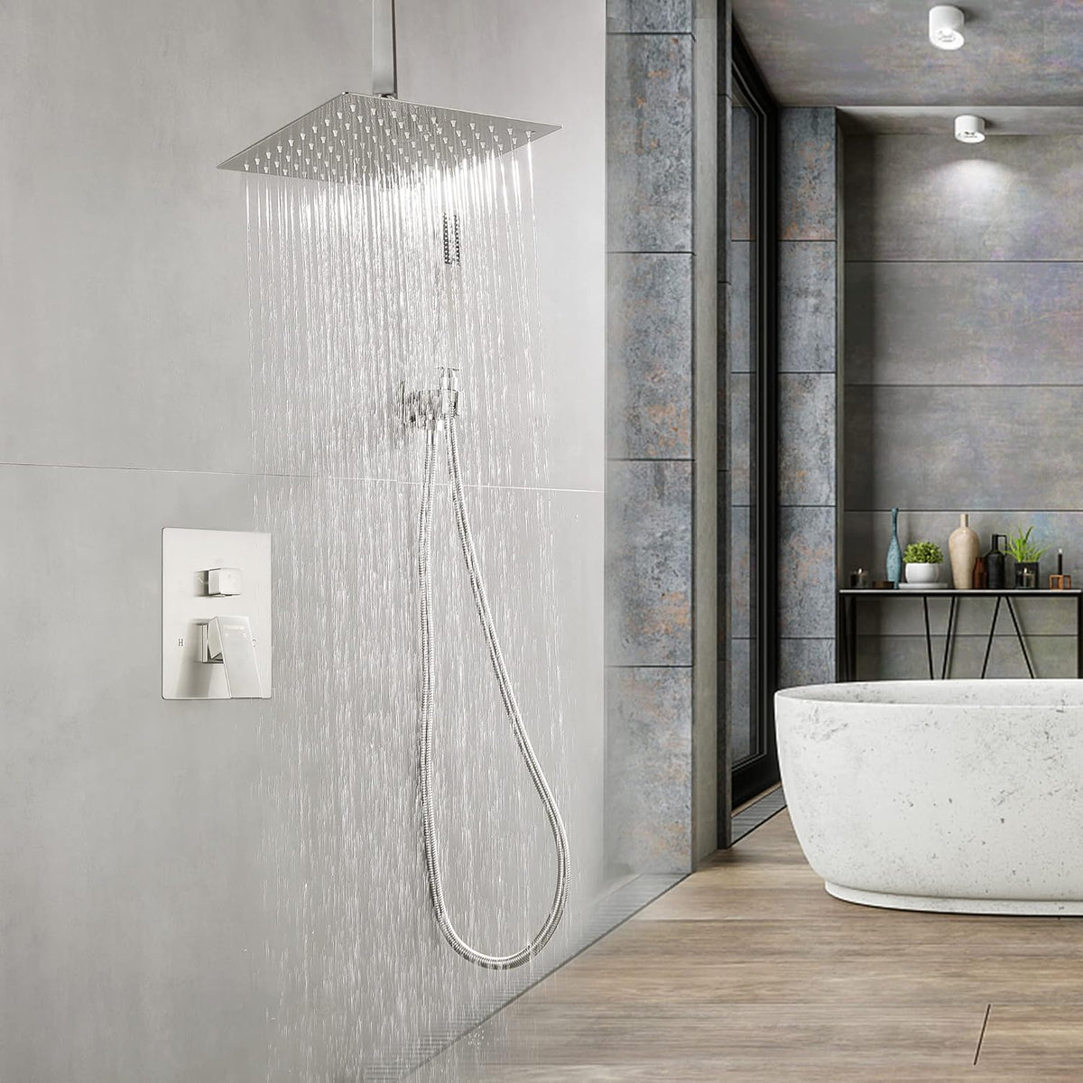 Fransiton Shower System Rain Shower System Set Ceiling Mounted, Rainfall Shower Head with Handheld, Bathroom Shower Kit (Valve Included) (8" - Wall Mount, Matte Black) - PuriLite