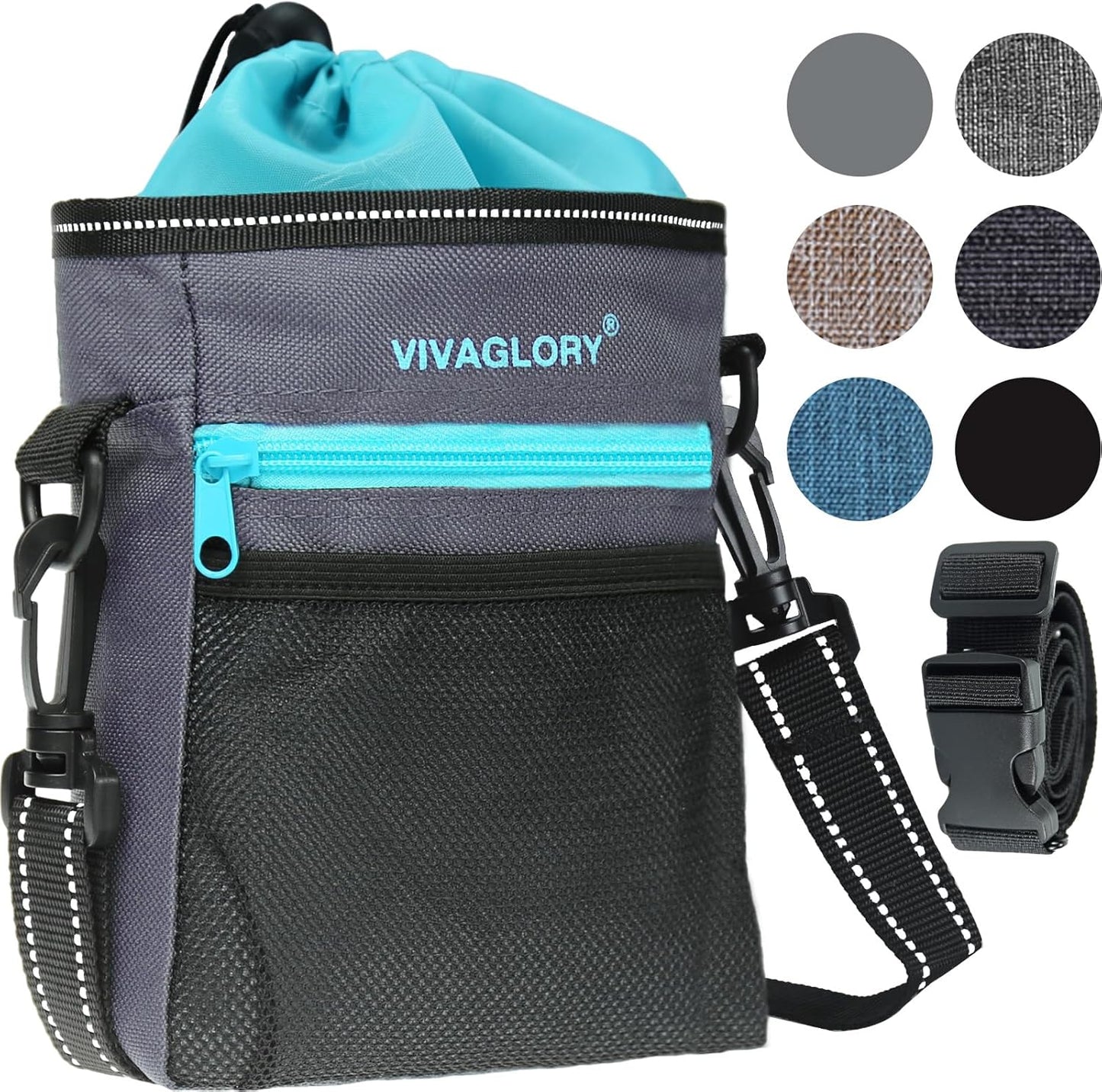 VIVAGLORY Dog Training Treat Pouch, 4Ways to Wear Dog Treat Bags, Built in Dog Waste Bag Dispenser Treats Training Bags with Reflective Adjustable Shoulder Strap, Heather Blue - PuriLite