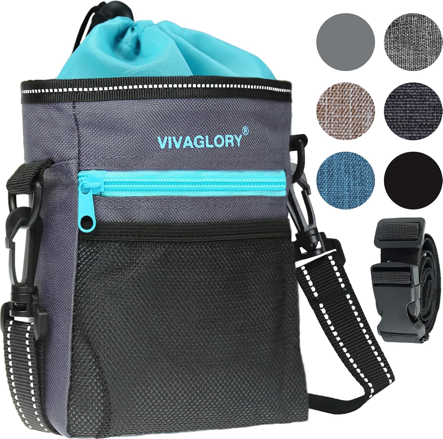 VIVAGLORY Dog Training Treat Pouch, 4Ways to Wear Dog Treat Bags, Built in Dog Waste Bag Dispenser Treats Training Bags with Reflective Adjustable Shoulder Strap, Heather Blue - PuriLite