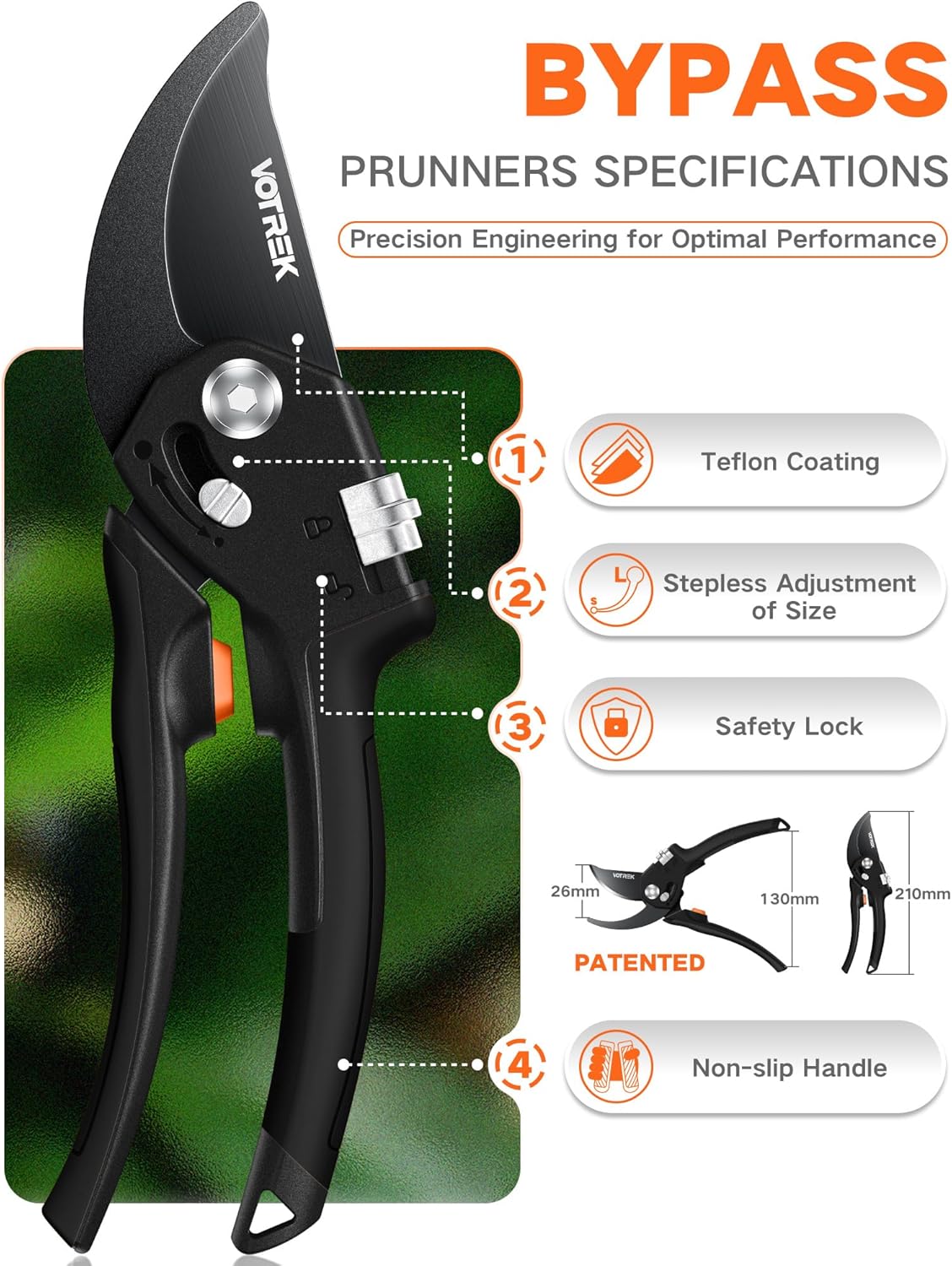 VOTREK Pruning Shears - 8.5" Heavy Duty Bypass Pruners for Gardening with Built-in Spring & SK5 Steel Blades - Ergonomic Adjustable Handle for All Hand Sizes, Garden Clipper Plant Scissors for Branch - PuriLite