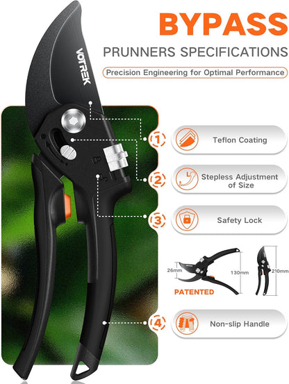 VOTREK Pruning Shears - 8.5" Heavy Duty Bypass Pruners for Gardening with Built-in Spring & SK5 Steel Blades - Ergonomic Adjustable Handle for All Hand Sizes, Garden Clipper Plant Scissors for Branch - PuriLite