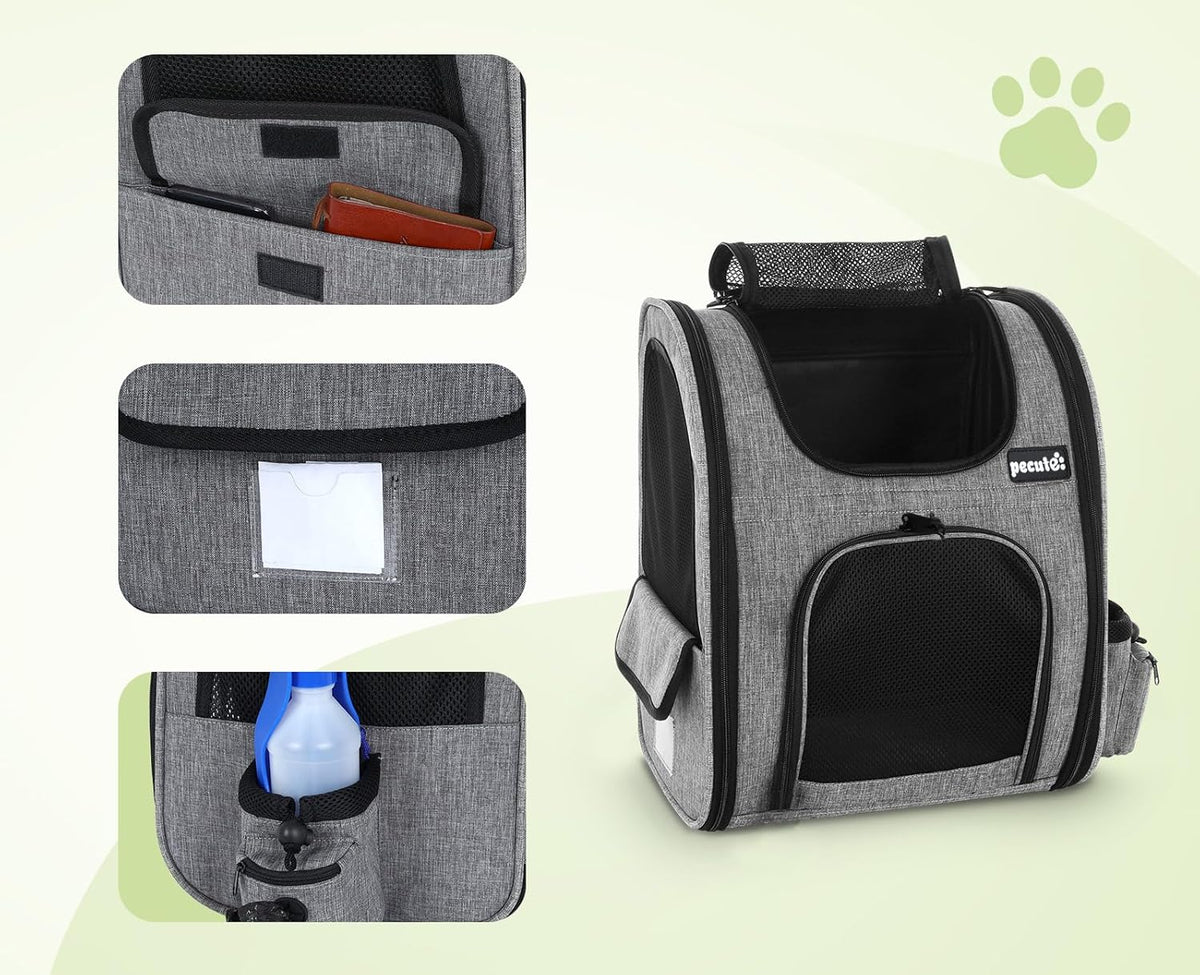 Pecute Cat Backpack with Breathable Mesh, Dog Backpack Carrier with Multi-Pockets for Cats Puppies, Pet Backpack Carrier for Travel Hiking Camping Outdoor （Gray） - PuriLite