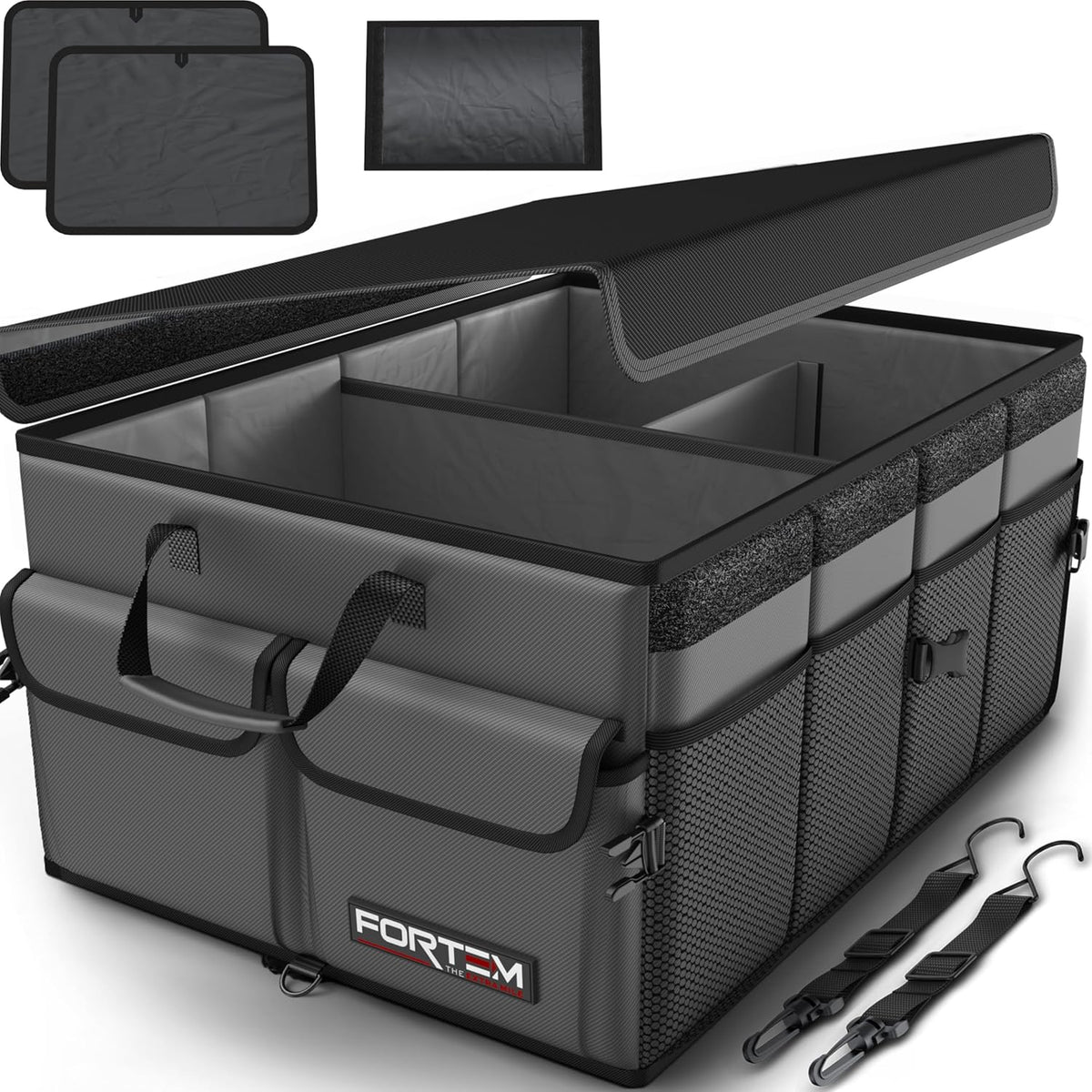 FORTEM Car Trunk Organizer, Collapsible Multi Compartment Car Organizer, Foldable SUV Storage for Car Accessories for Women Men, Non Slip Bottom, Securing Straps, Soft Cover 50L (Black, Standard) - PuriLite