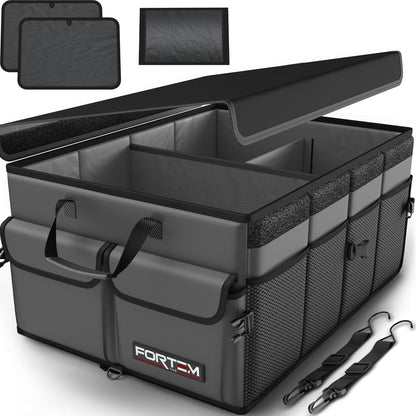FORTEM Car Trunk Organizer, Collapsible Multi Compartment Car Organizer, Foldable SUV Storage for Car Accessories for Women Men, Non Slip Bottom, Securing Straps, Soft Cover 50L (Black, Standard) - PuriLite