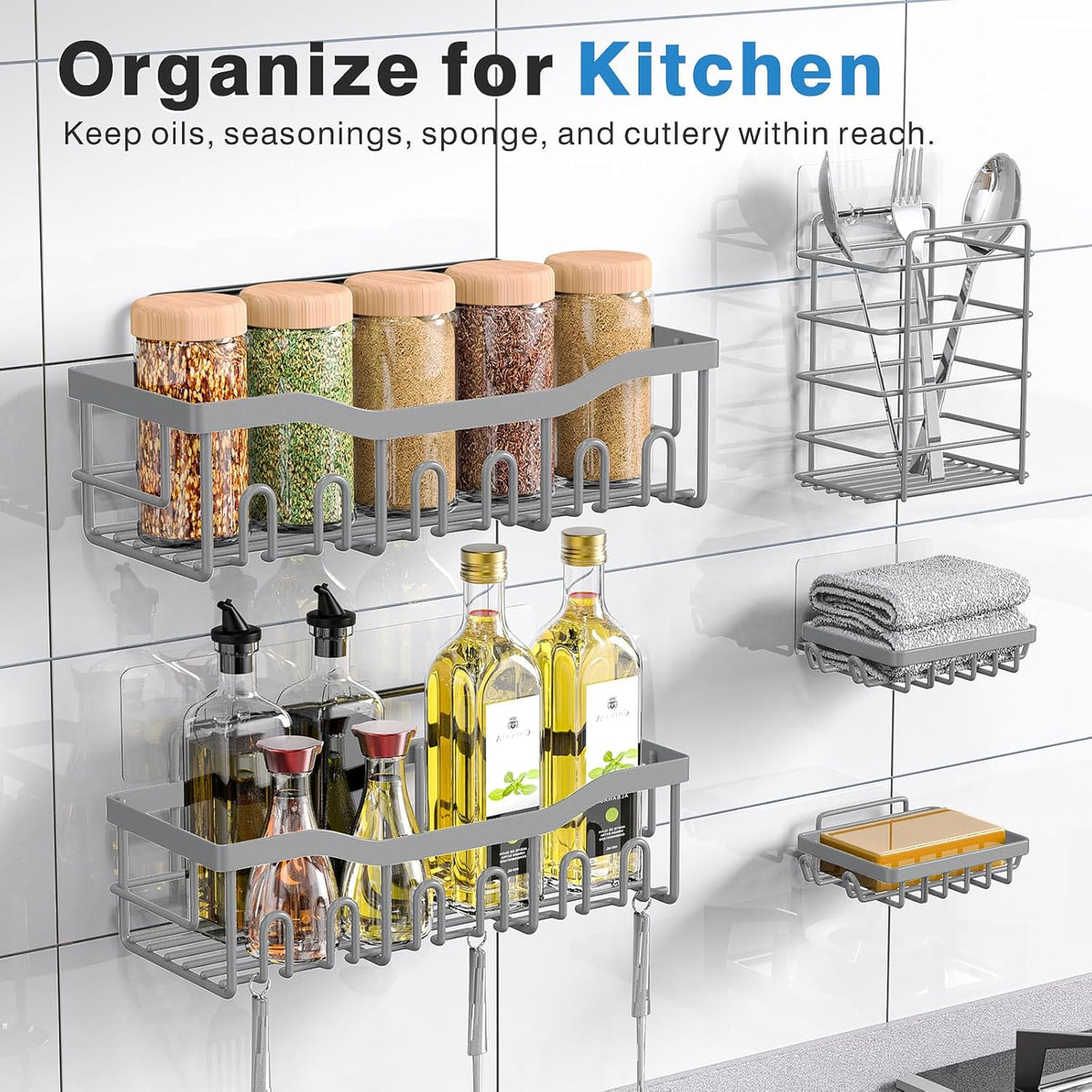 EUDELE 5-Pack Rustproof Stainless Steel Shower Caddy – No Drill Adhesive Bathroom Organizer with Large Capacity, Spacious Shower Shelves for Inside Shower, Kitchen & Home Decor Storage - PuriLite