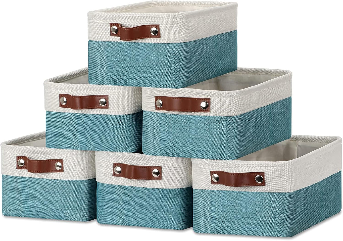 DULLEMELO Storage Baskets for Shelves, Fabric Collapsible Rectangular Storage Bins for Shelves, Closets, Nursery, Home, Office, Empty Gift Baskets (White&Teal) - PuriLite