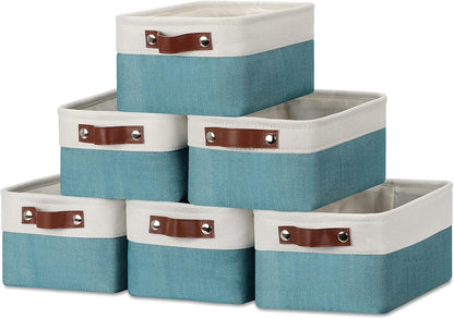 DULLEMELO Storage Baskets for Shelves, Fabric Collapsible Rectangular Storage Bins for Shelves, Closets, Nursery, Home, Office, Empty Gift Baskets (White&Teal) - PuriLite